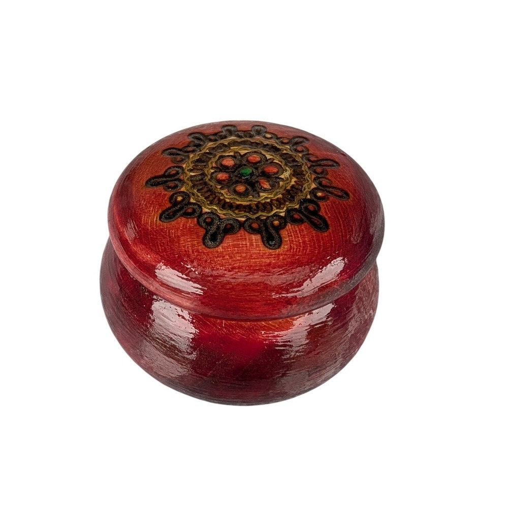 Vintage Turned Wood Round Trinket Box Red Pyrography Hand Painted Mandala